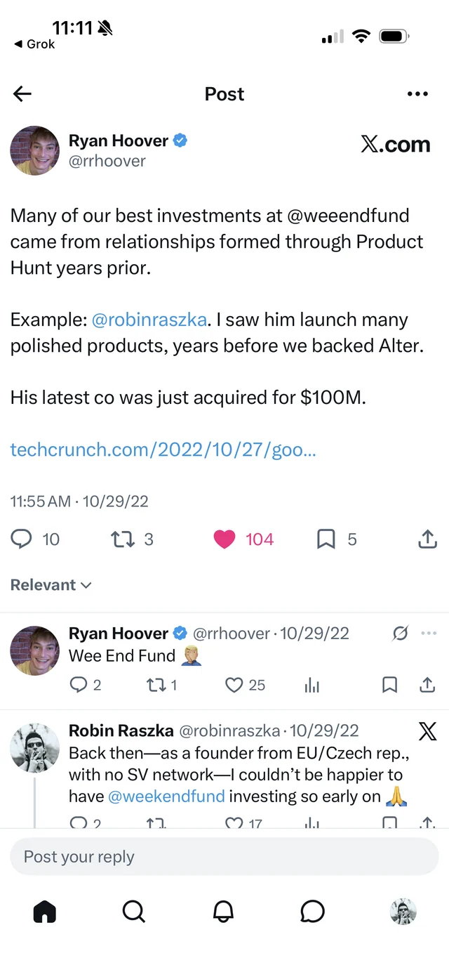 Ryan Hoover recalls backing Robin and Alter after seeing his earlier products, and notes the $100 million acquisition.