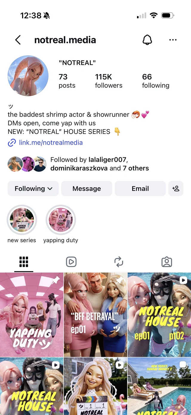 NOTREAL Instagram profile showing 115K followers and animated series including NOTREAL House and BFF Betrayal.