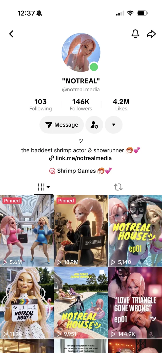 NOTREAL TikTok profile showing 146K followers, 4.2 million likes, and pinned videos with 5.6 million and 18.9 million views.