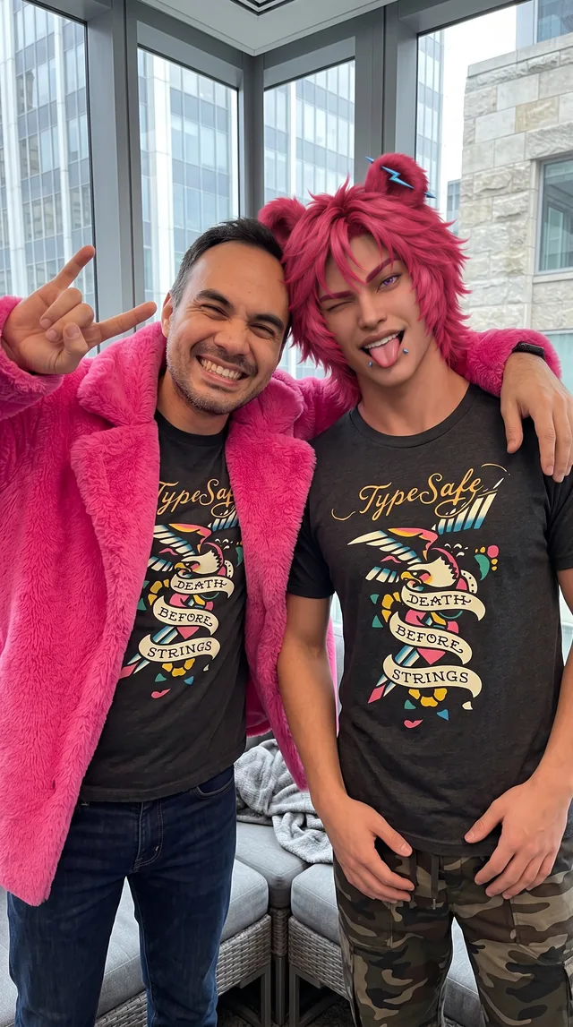 Jev and a smiling man in a pink jacket posing together in matching TypeSafe shirts.