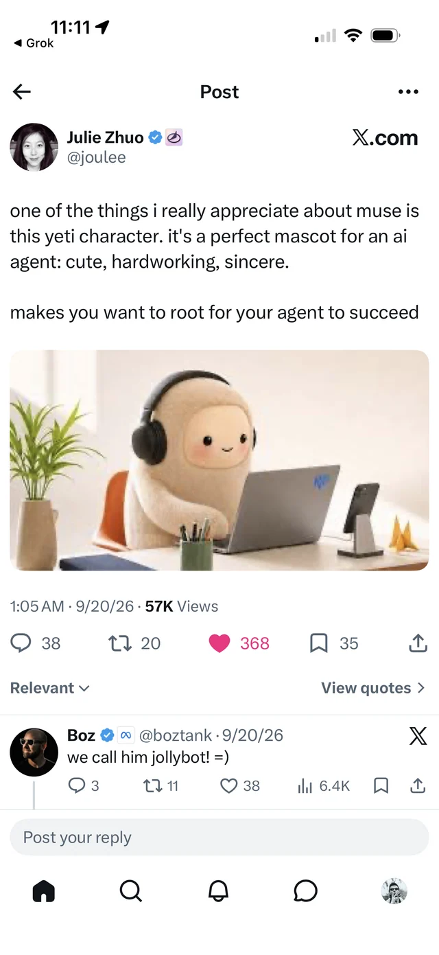 Julie Zhuo praises Muse as a cute, hardworking AI mascot that makes people want their agent to succeed; the character sits at a laptop wearing headphones.