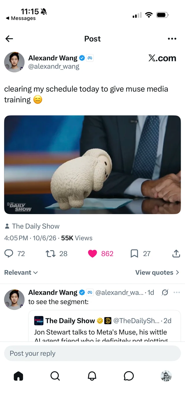 Alexandr Wang jokes about giving Muse media training, sharing the animated mascot appearing on The Daily Show.