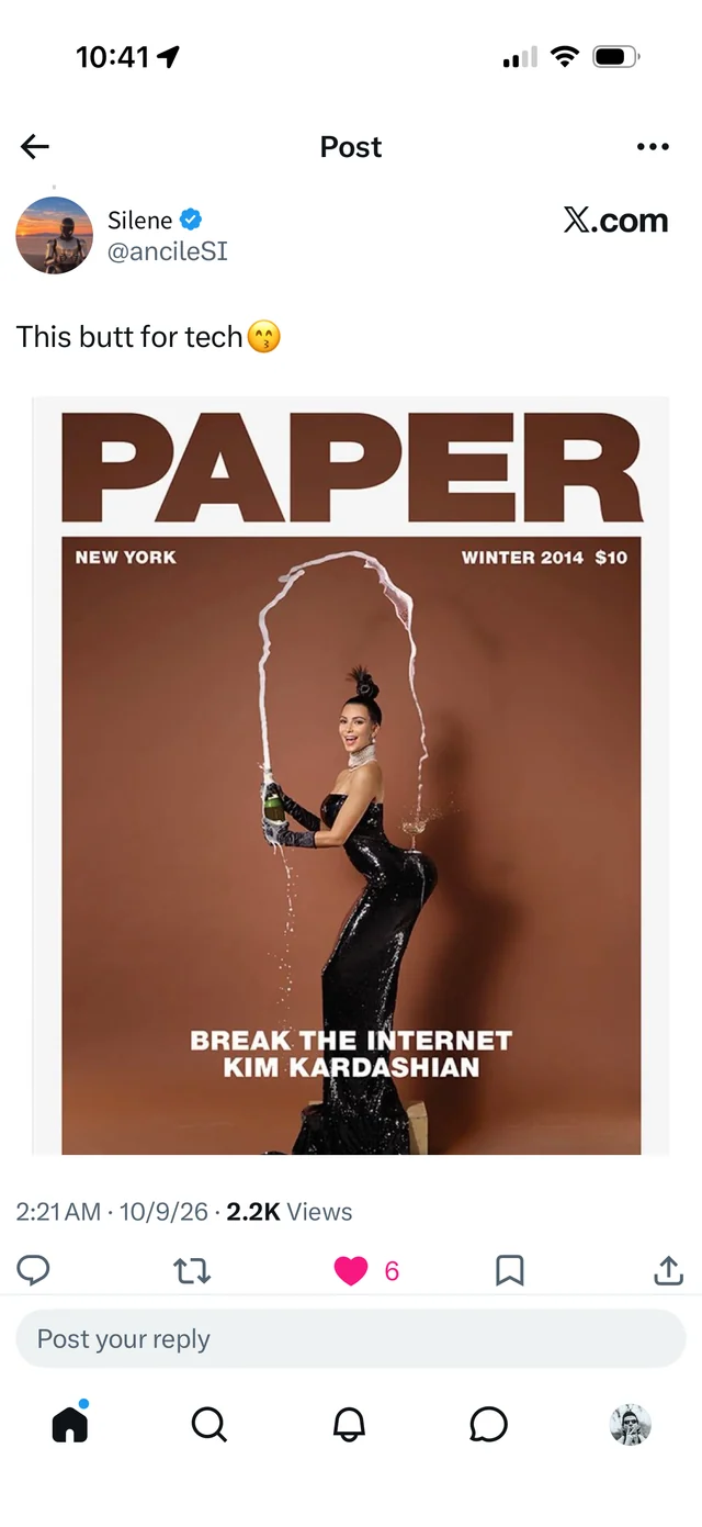 Silene posts "This butt for tech" with Kim Kardashian’s Paper magazine cover, balancing a champagne glass behind her beneath the headline "Break the Internet."