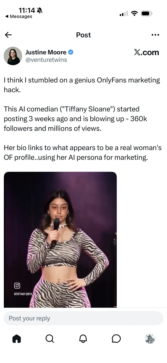 Justine Moore describes AI comedian Tiffany Sloane reaching 360K followers and millions of views within three weeks of posting.